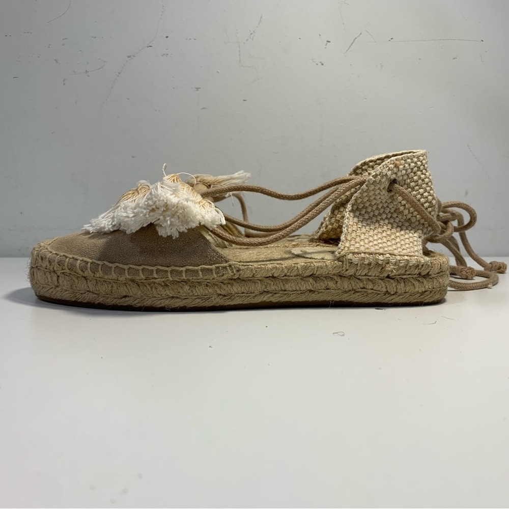 Soludos Tasseled Suede Platform Gladiator Sandals Jute Panels Camel Tan Size 7